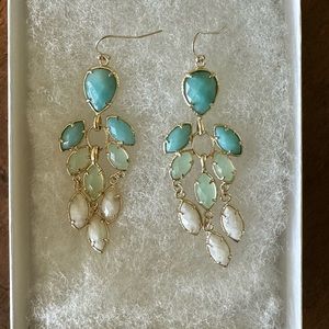 Kendra Scott teal and gold dangle tiered earrings